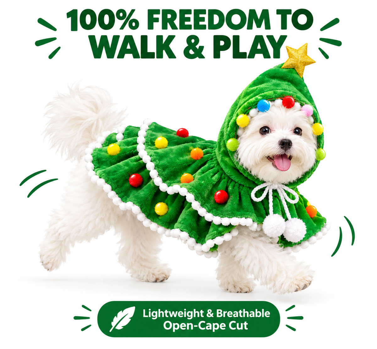 Festive Tree Chic™ - Capa Navideña de Árbol con Estrella y Pompones para Mascotas