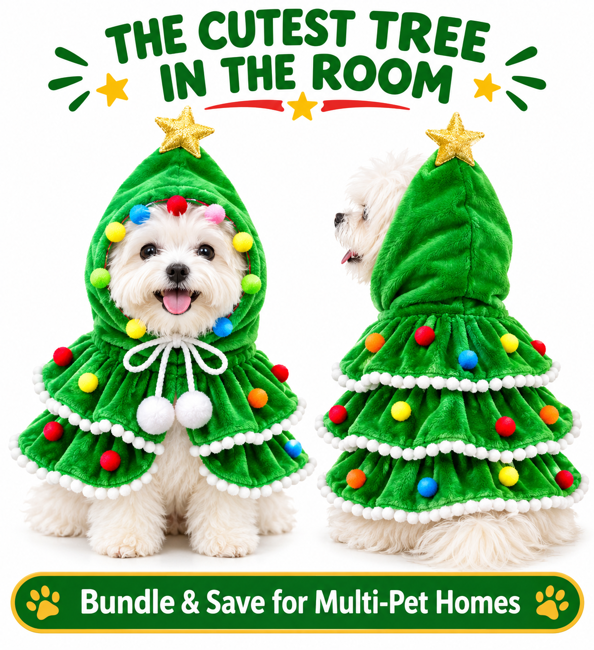Festive Tree Chic™ - Capa Navideña de Árbol con Estrella y Pompones para Mascotas