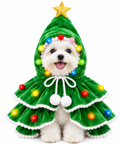 Festive Tree Chic™ - Capa Navideña de Árbol con Estrella y Pompones para Mascotas