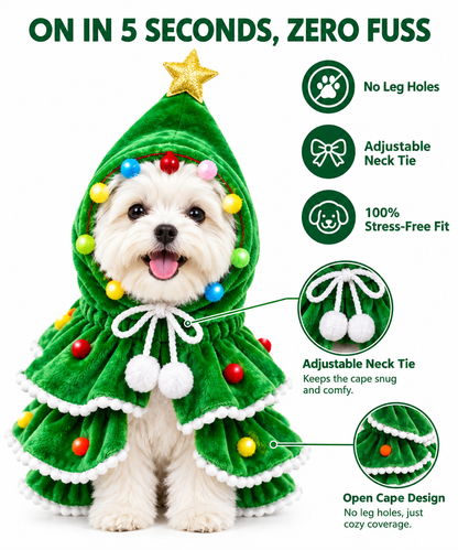 Festive Tree Chic™ - Capa Navideña de Árbol con Estrella y Pompones para Mascotas